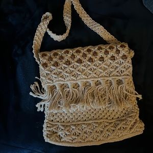 Macrame purse never used pretty wooden bead accents clean inside and out